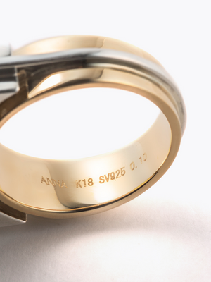 Reshine city ringの地金画像（18KYG、ラボグロウンダイヤモンド、都市鉱山由来のSV925のリング）