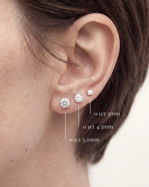 一粒ピアスのサイズ比較 0.1ct 3mm / 0.3ct 4.3mm / 0.5ct 5.2mm